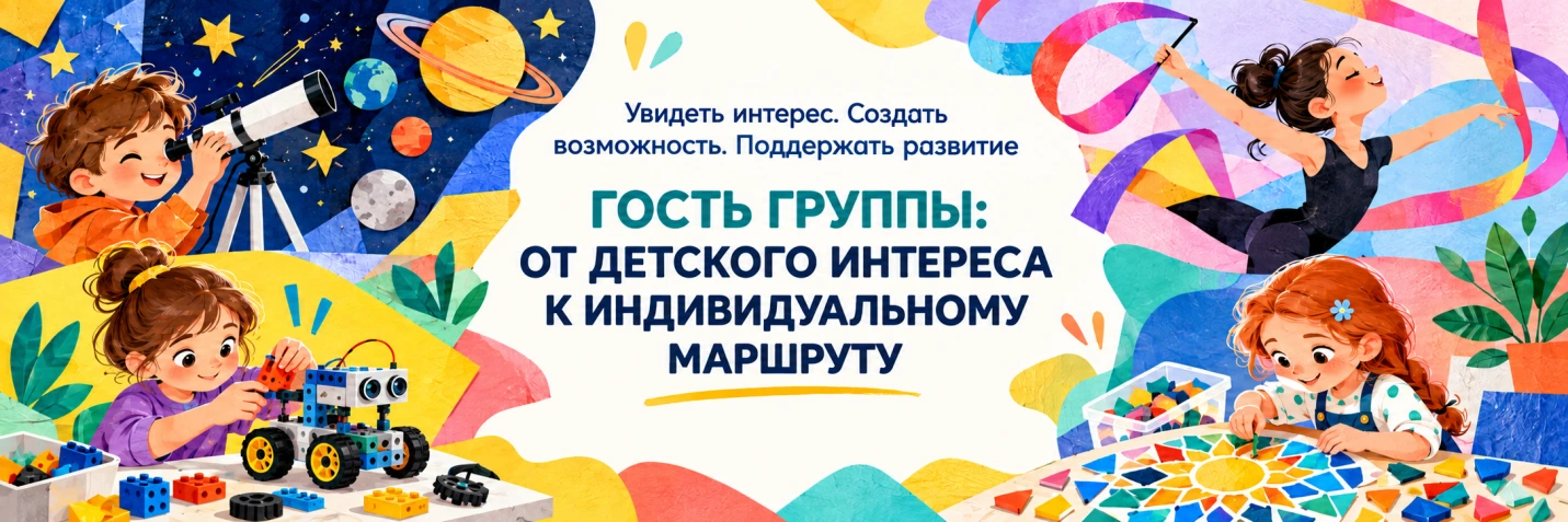 Баннер «Гость группы: от детского интереса к индивидуальному маршруту» — дети исследуют космос, конструируют и создают